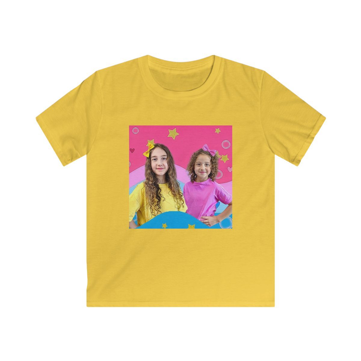 Happy Kids Rainbow Portrait Tee | Colorful Star Background Kids Shirt Sierra and Rhia English - alternate angle 4, merchandise