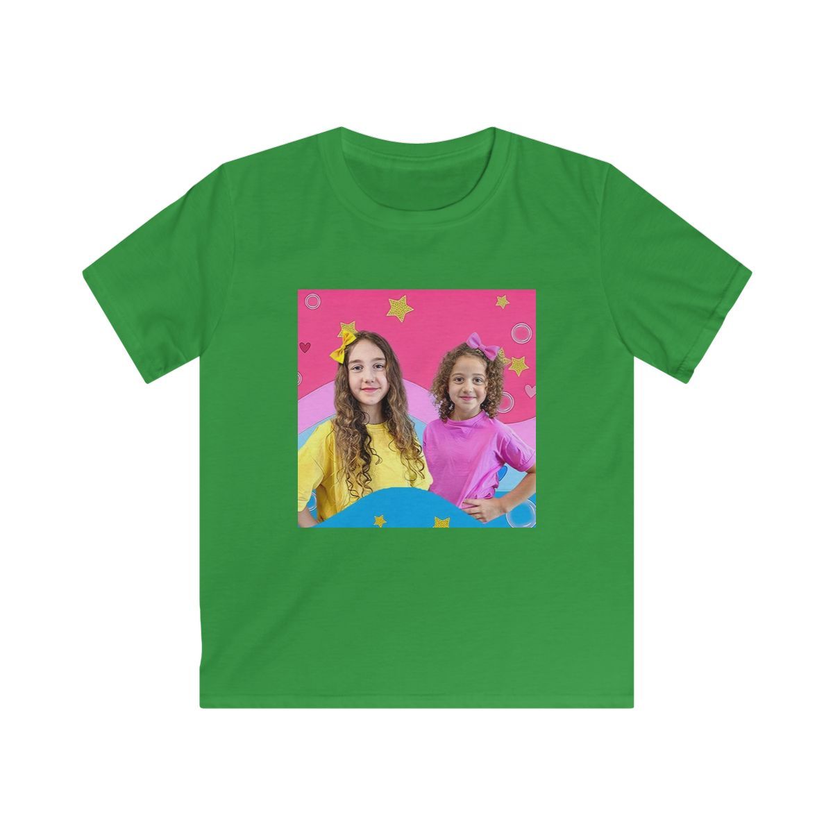 Happy Kids Rainbow Portrait Tee | Colorful Star Background Kids Shirt Sierra and Rhia English - alternate angle 5, merchandise
