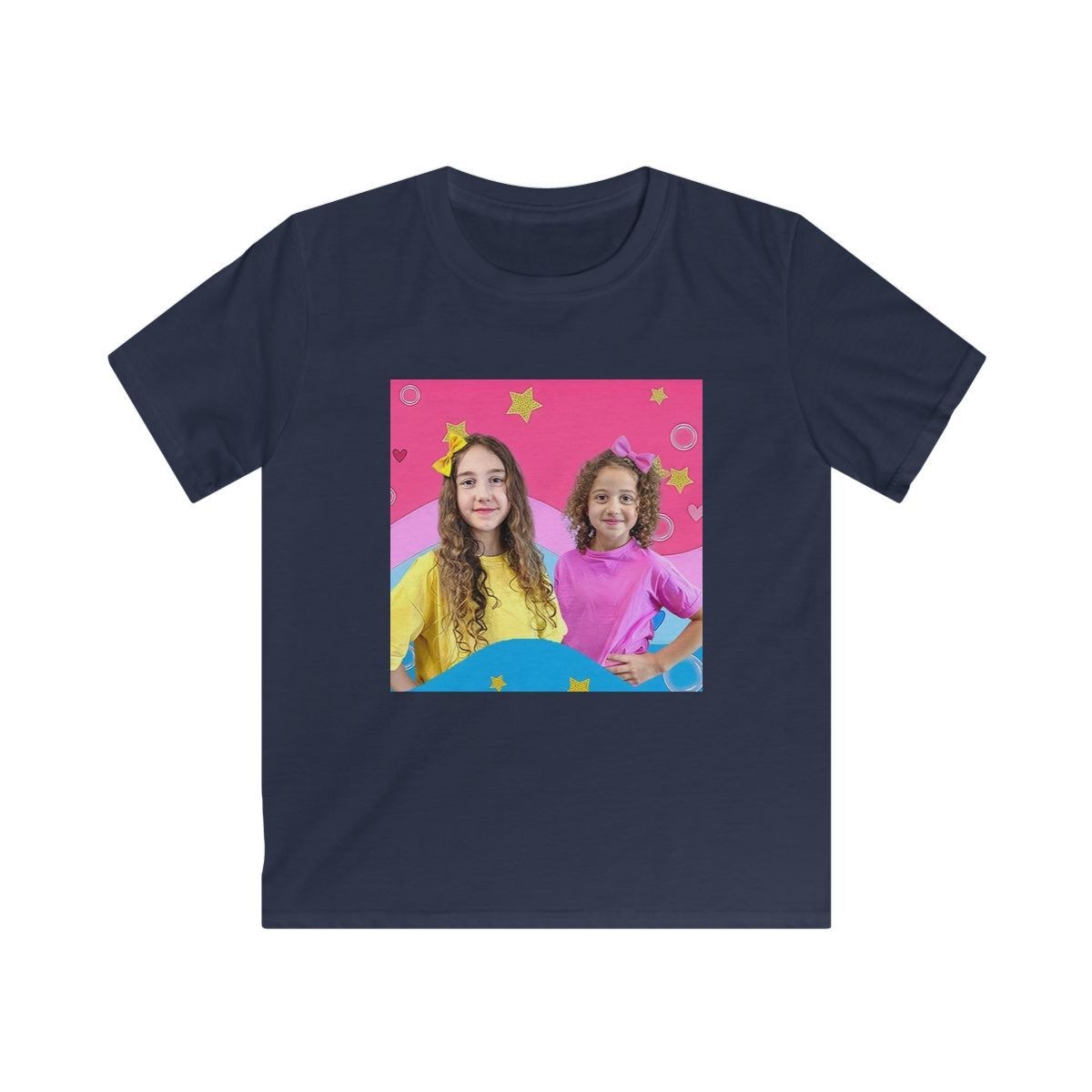 Happy Kids Rainbow Portrait Tee | Colorful Star Background Kids Shirt Sierra and Rhia English - alternate angle 2, merchandise