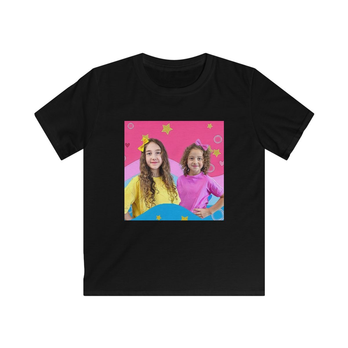 Happy Kids Rainbow Portrait Tee | Colorful Star Background Kids Shirt Sierra and Rhia English - alternate angle 2, merchandise