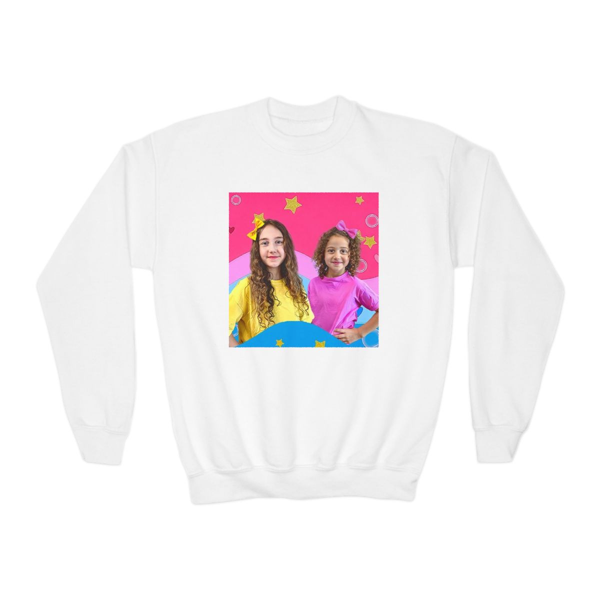 Colorful Kids Photo Collage Youth Crewneck Sweatshirt | Rainbow Stars Design Sierra and Rhia English - Official apparel merchandise