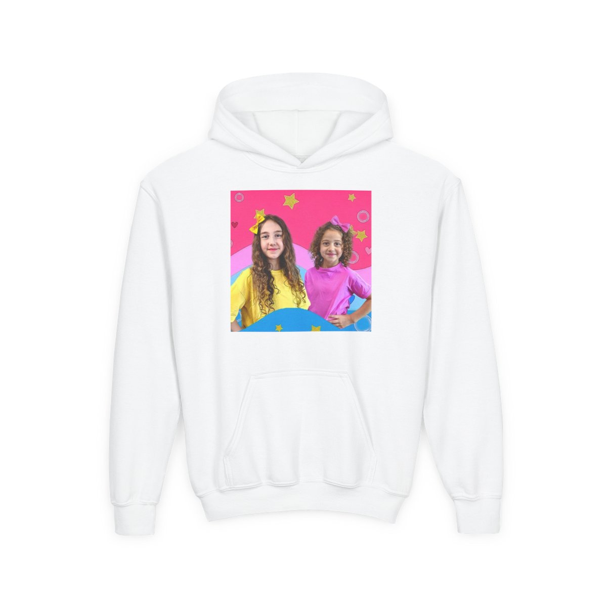 Smiling Kids Rainbow Graphic Hoodie | Youth Sweatshirt, Bright Pink Background Sierra and Rhia English - Official apparel merchandise